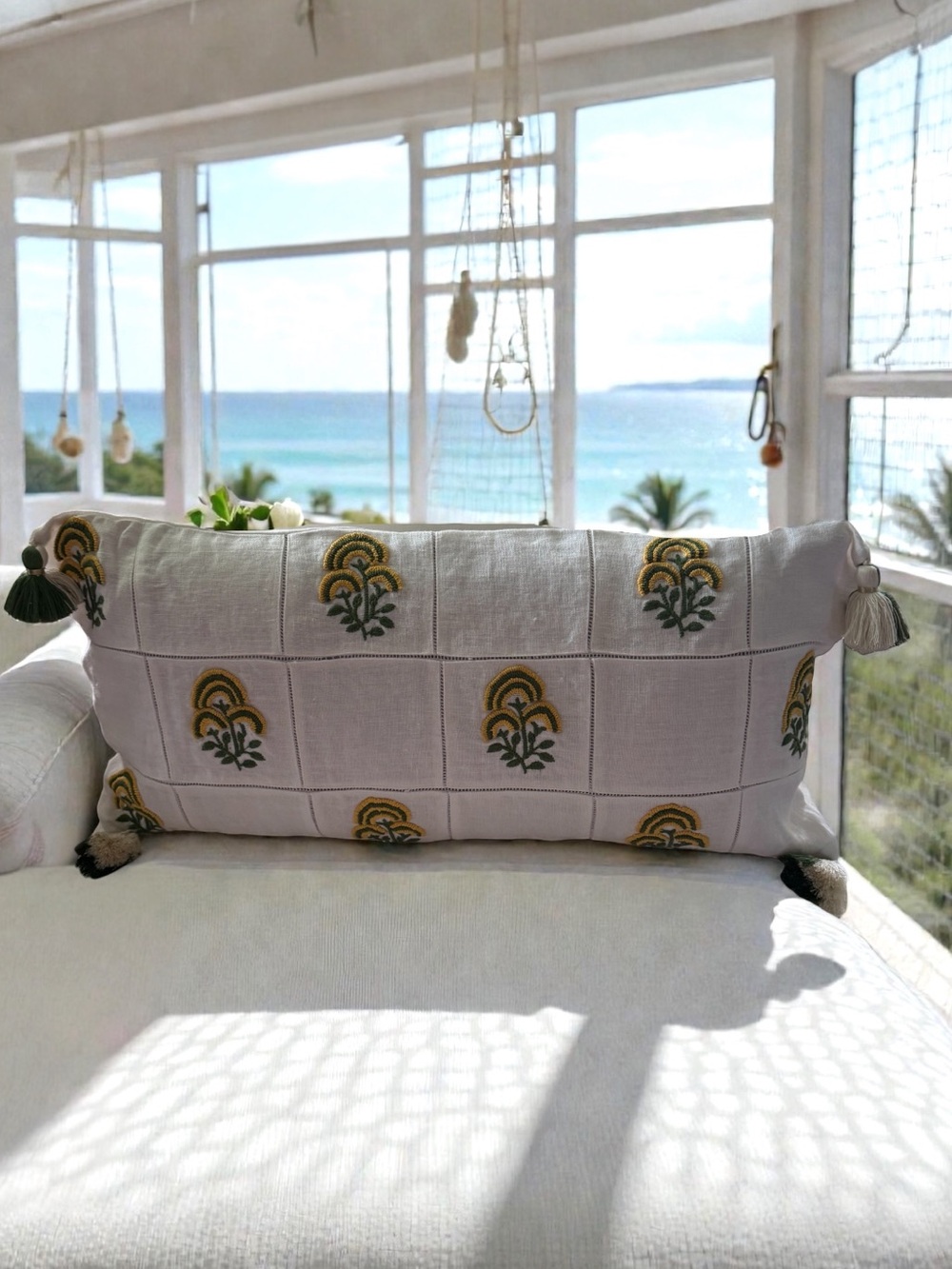 New! SERENA & LILY 100% Linen Embroidered Tassel Pillow 14x30